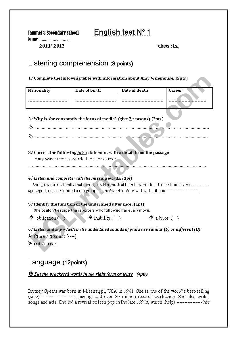 english test N1 worksheet