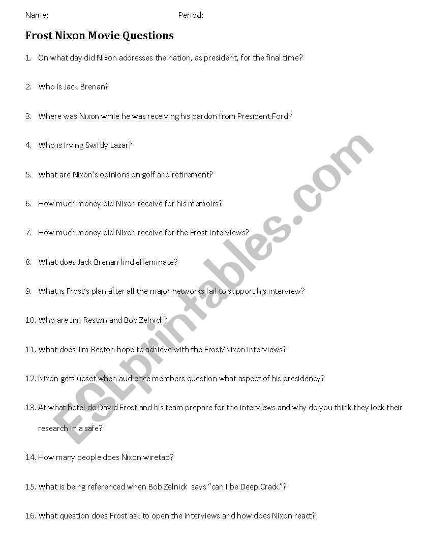 Frost/Nixon Movie Qustions worksheet