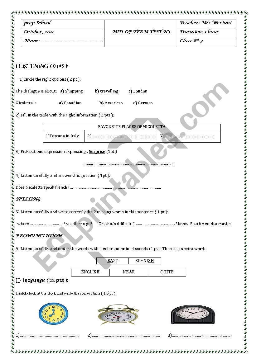 Mid of term test 8th form worksheet