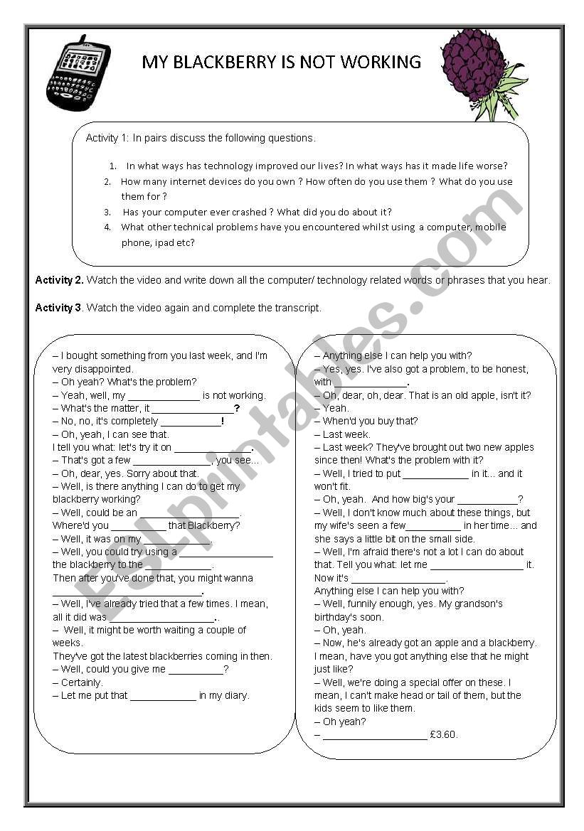 Funny Video- My blackberry isn´t working - ESL worksheet by ash2 Funny Video- My blackberry isn´t working - ESL worksheet by ash2