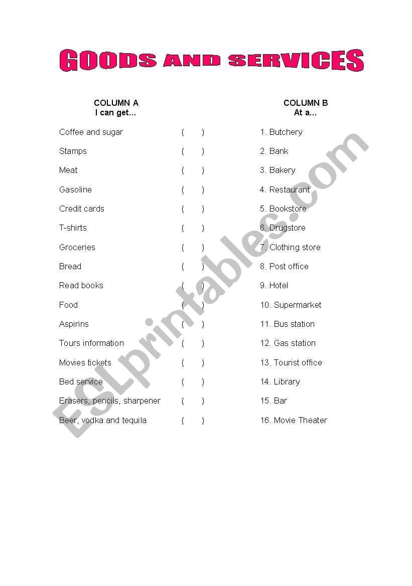 Goods and services Matching worksheet