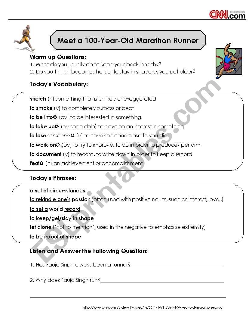 Cnn News Listening And Discussion 100 Year Old Runner Esl Worksheet By Alyssaanne