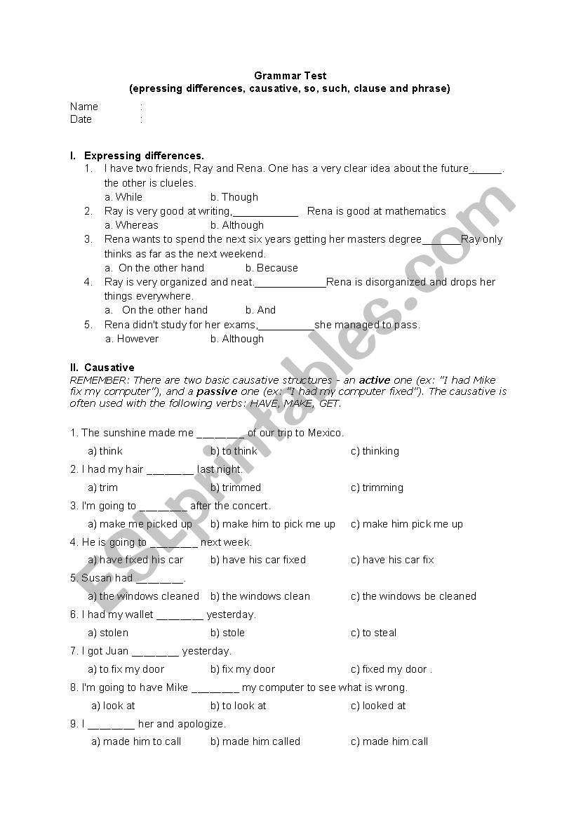 grammar test for intermediate class