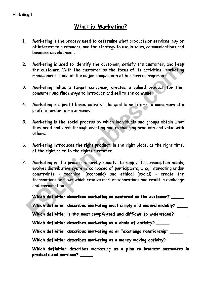 Definitions of marketing worksheet