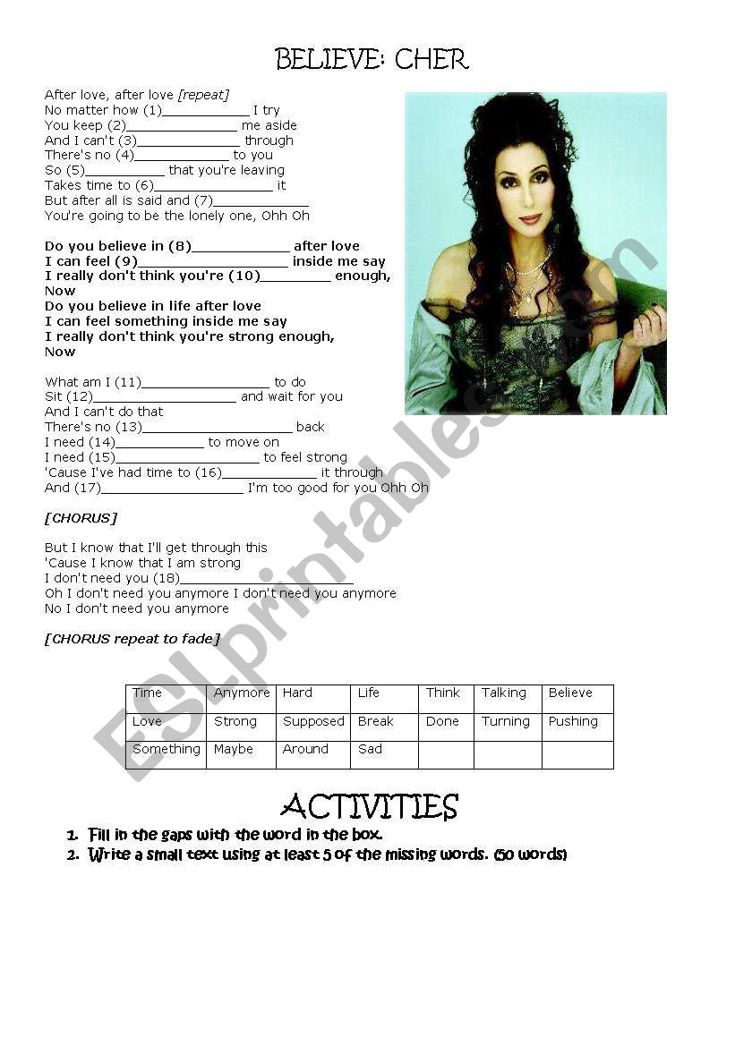 Cher (Believe) worksheet