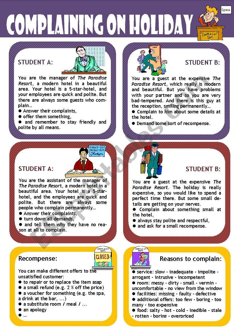 Role play for intermediate students: Complaining in a  holiday resort