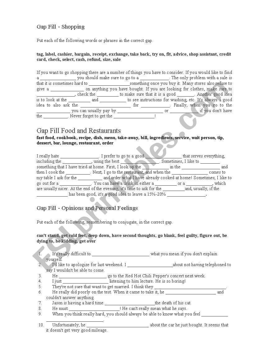 Gap fill Food and restaurant worksheet