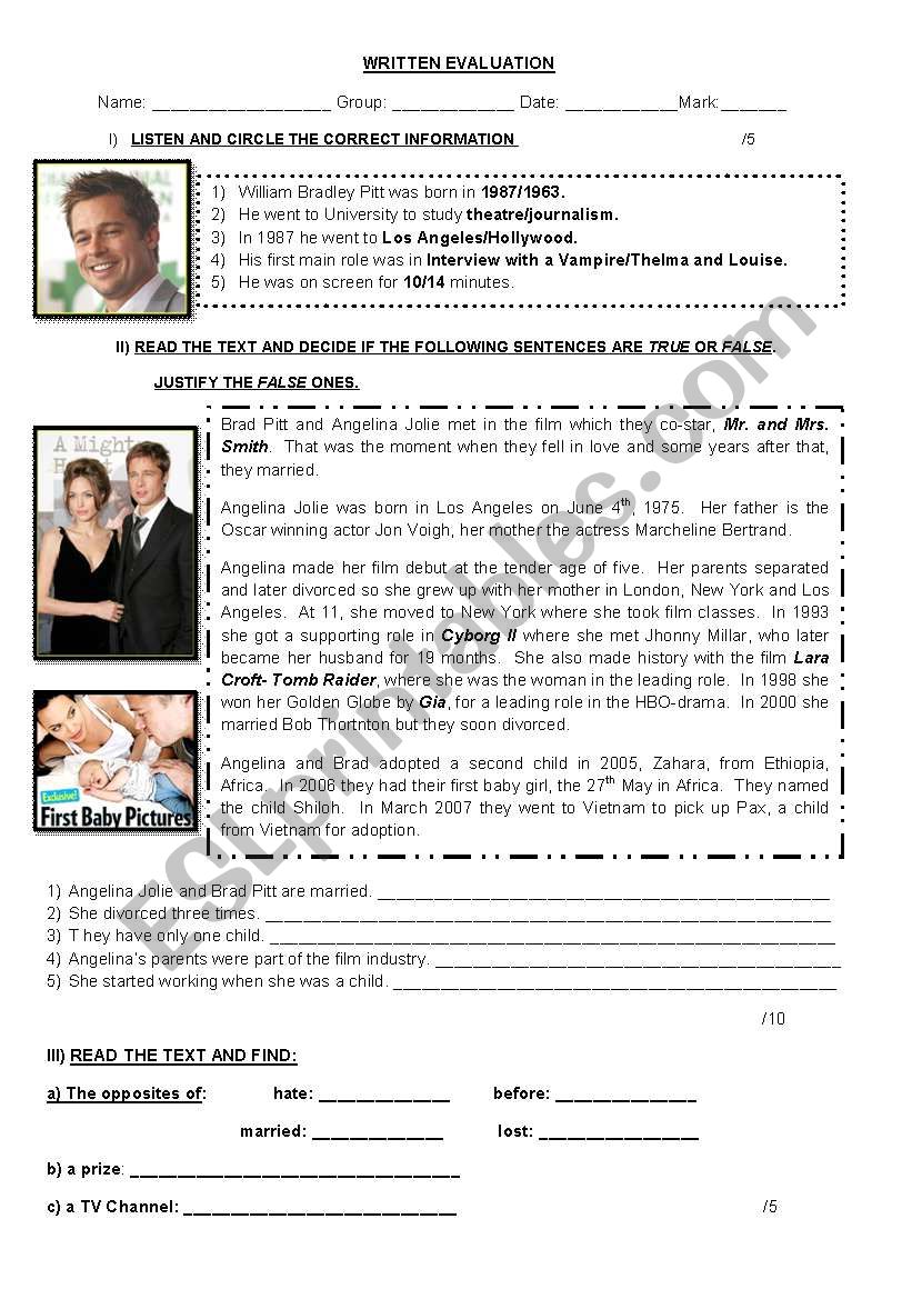 Brad Pitt test worksheet