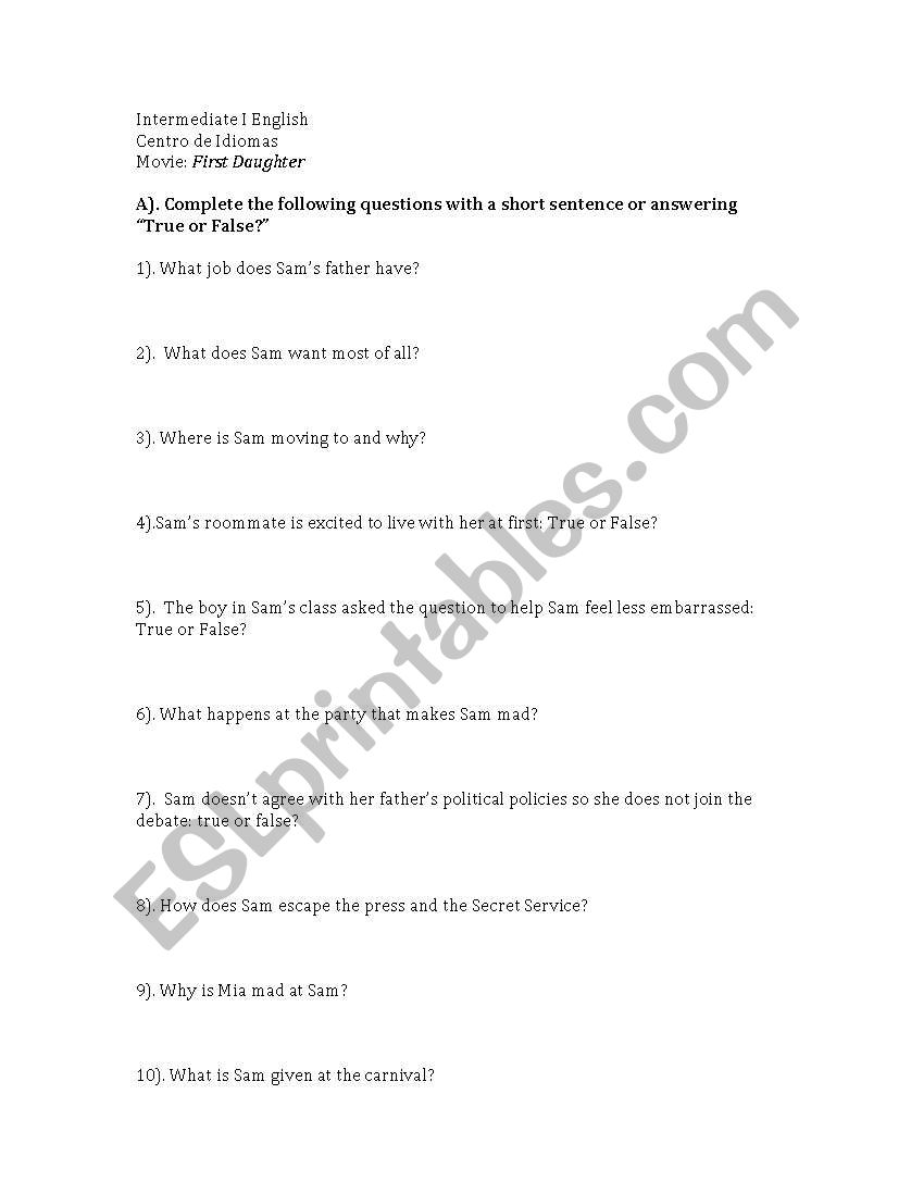 First Daughter Movie Worksheet