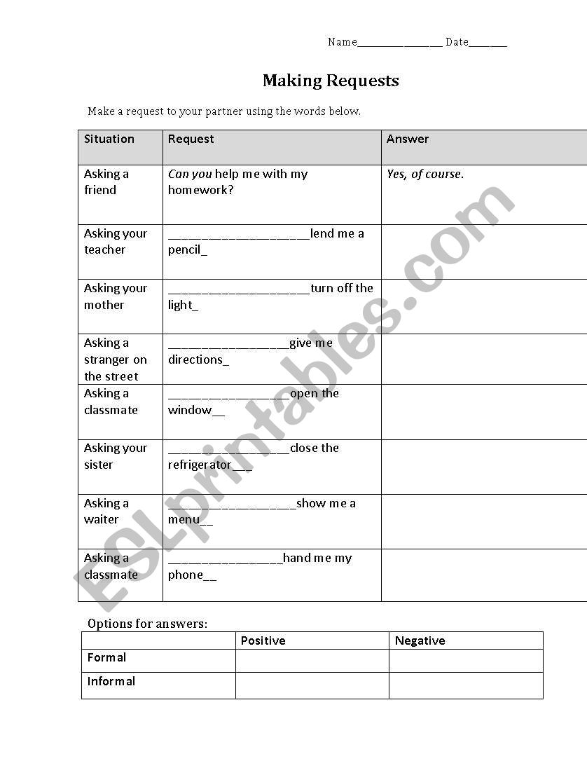 Making Requests worksheet