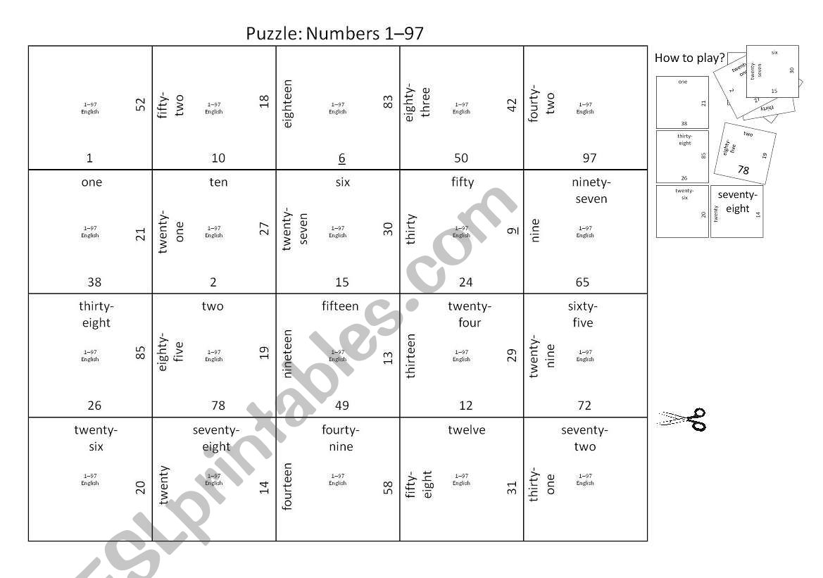 Puzzle: Numbers 1 - 97 worksheet