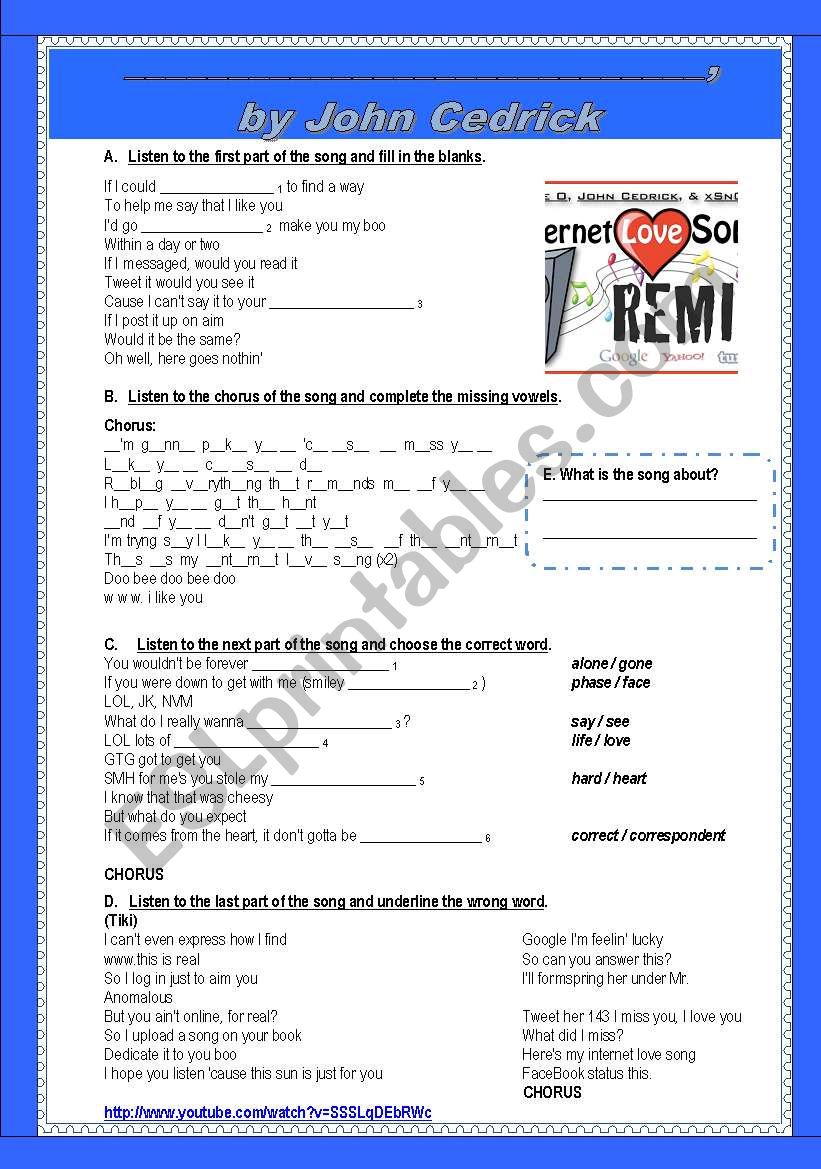 Internet Love song worksheet