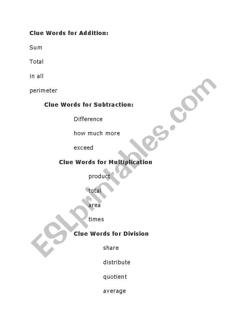 Clue Words for Addition worksheet