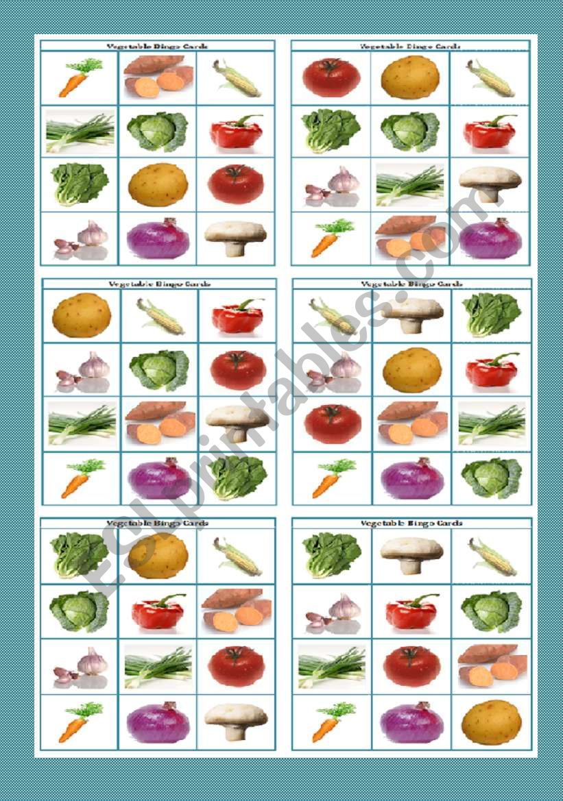 Vegetables Bingo Cards worksheet