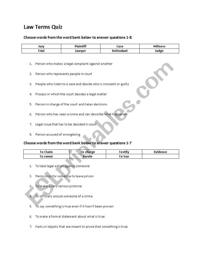 Law Terms Worksheet worksheet