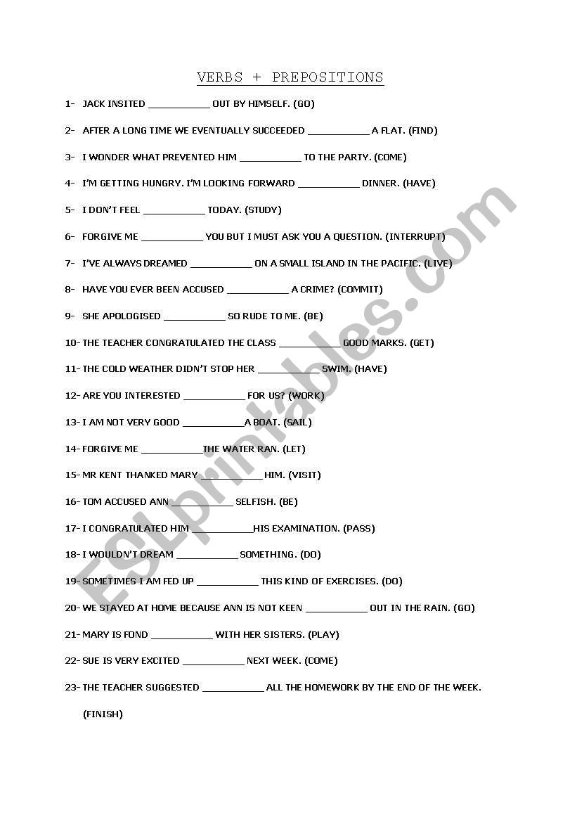 Verbs + preposition worksheet