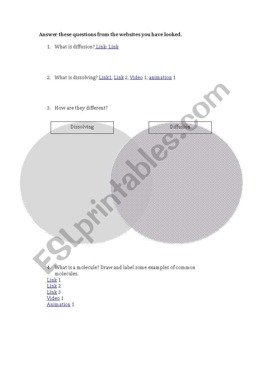 Dissolving and Diffusion; Atoms, Molecules and Compounds: Vocabulary and Comprehension