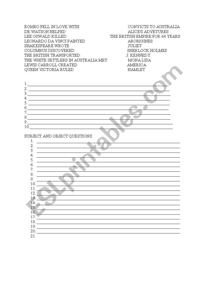 subject and object questions worksheet