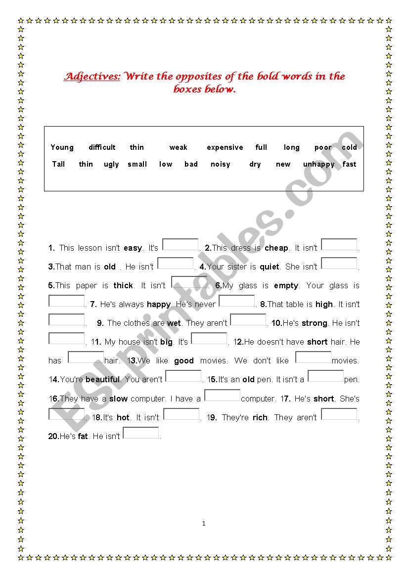 Adjectives 4 pages worksheet