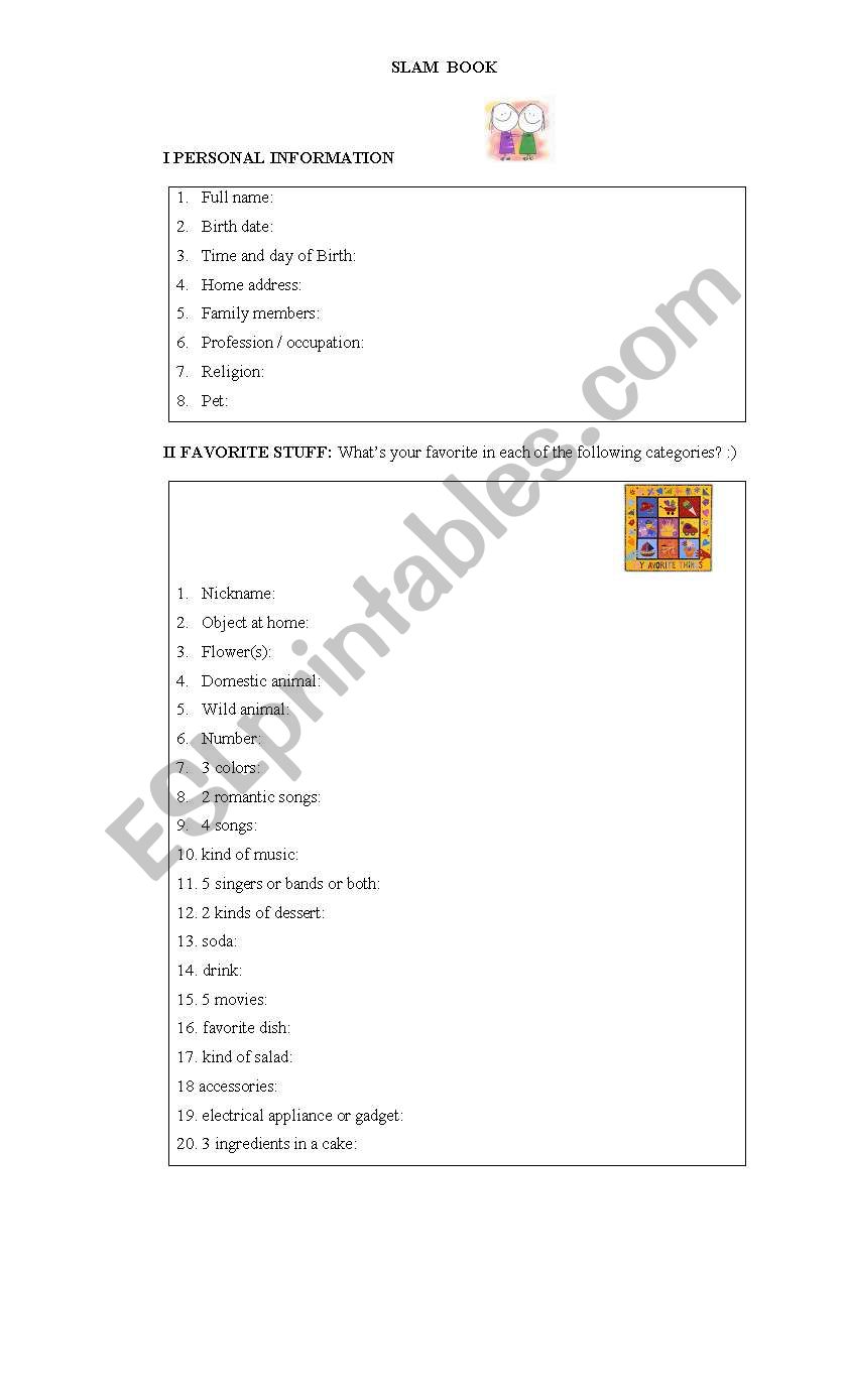 English worksheets: Slambook