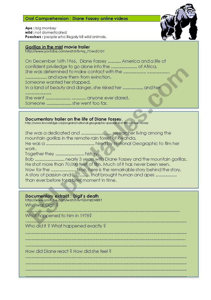 Diane Fossey. Online videos worksheet