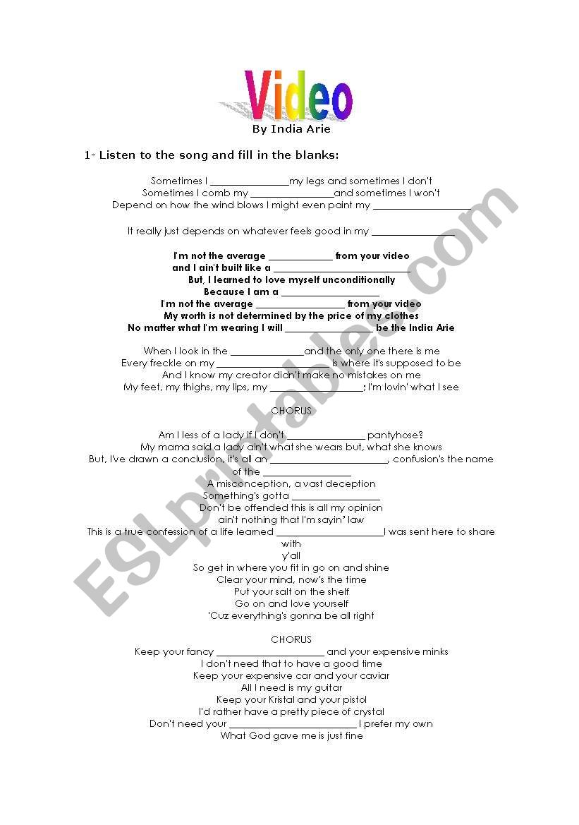 Video- a song activity worksheet