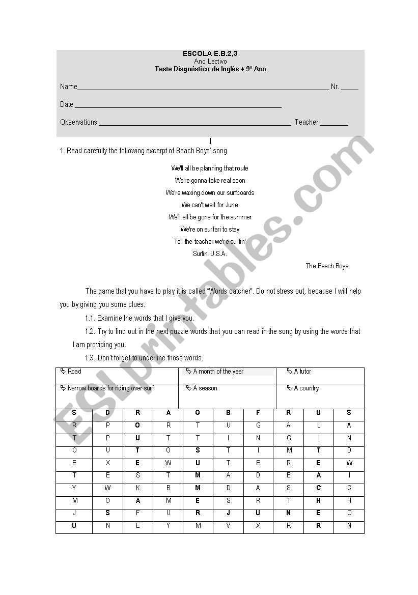 Diagnosis test (9th grade) worksheet