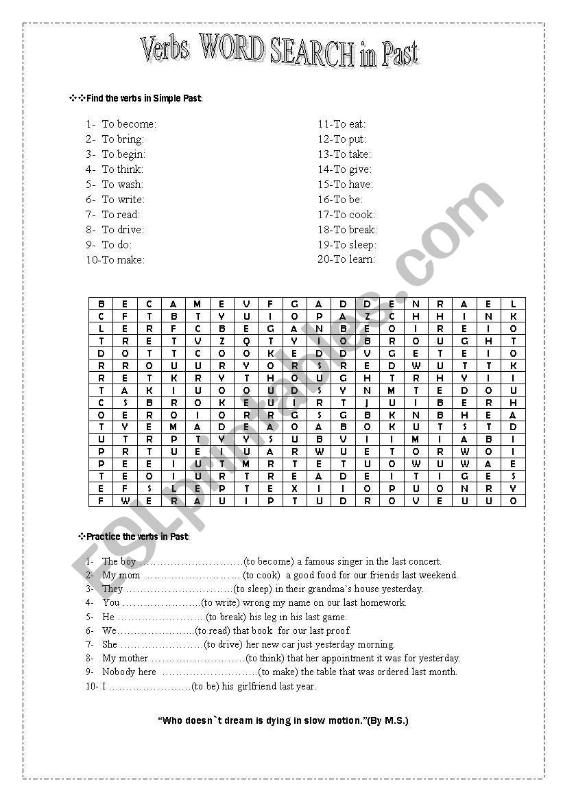 Word Search - Verbs worksheet