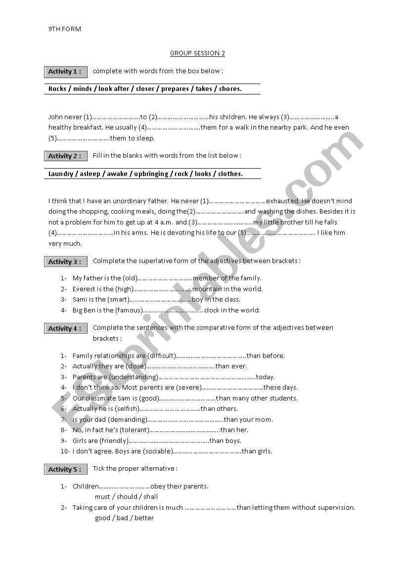 family issues worksheet