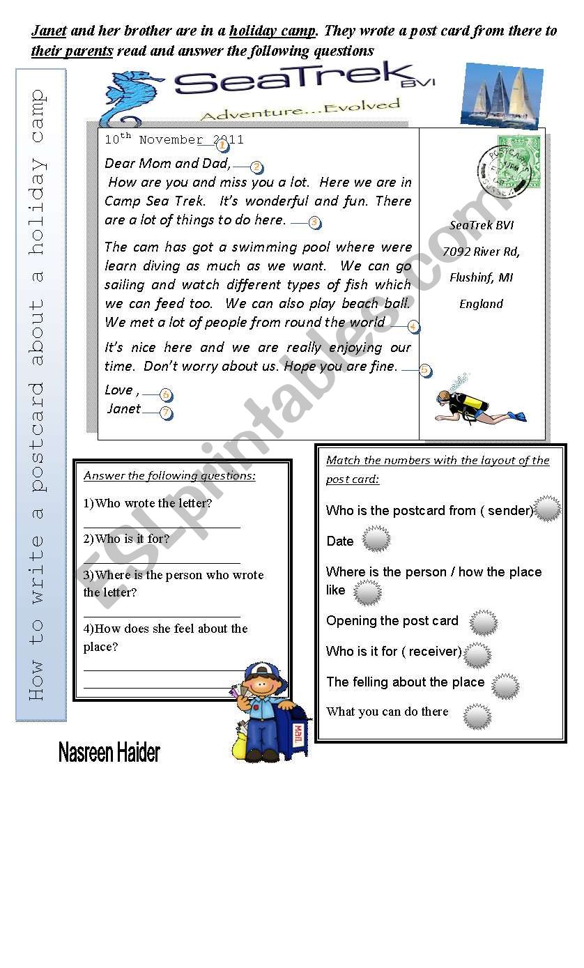 Writing a post card worksheet