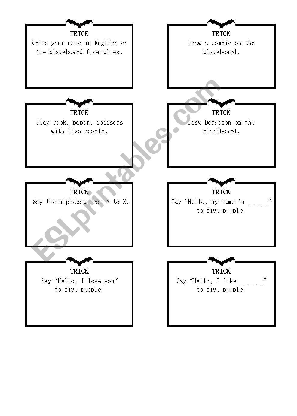 Tricks and Treats Cards worksheet