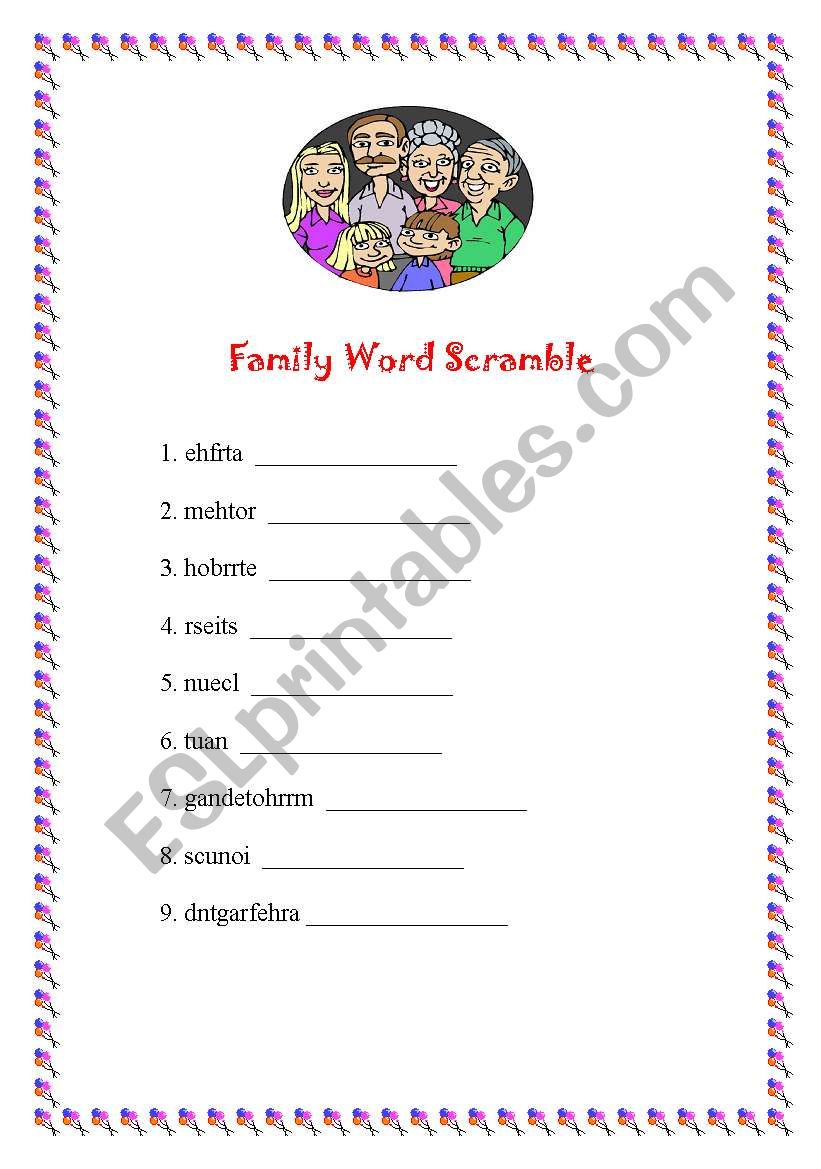 Family word scramble activity worksheet
