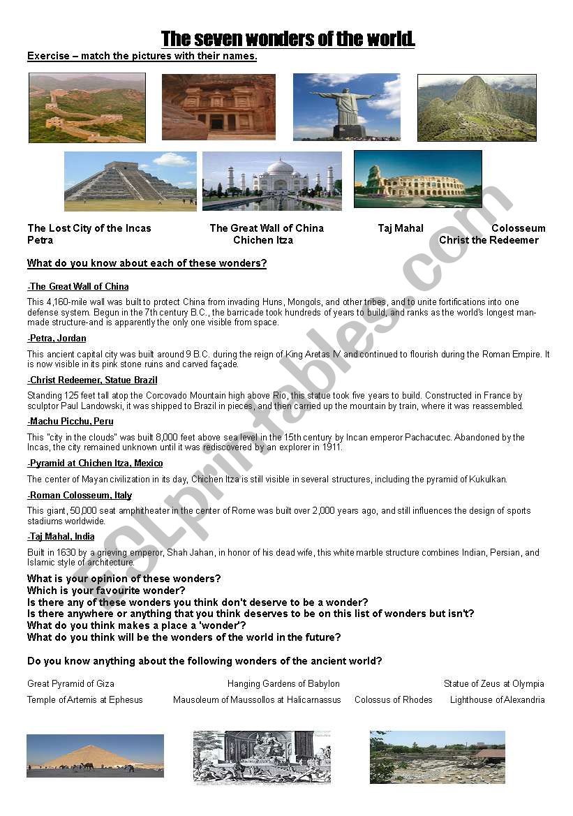 7 wonders of the world worksheet