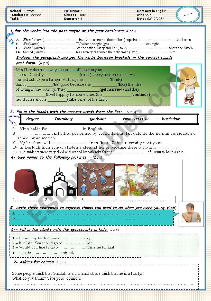 Test 1 simple past, past continuous, articles, used to and vocabulary