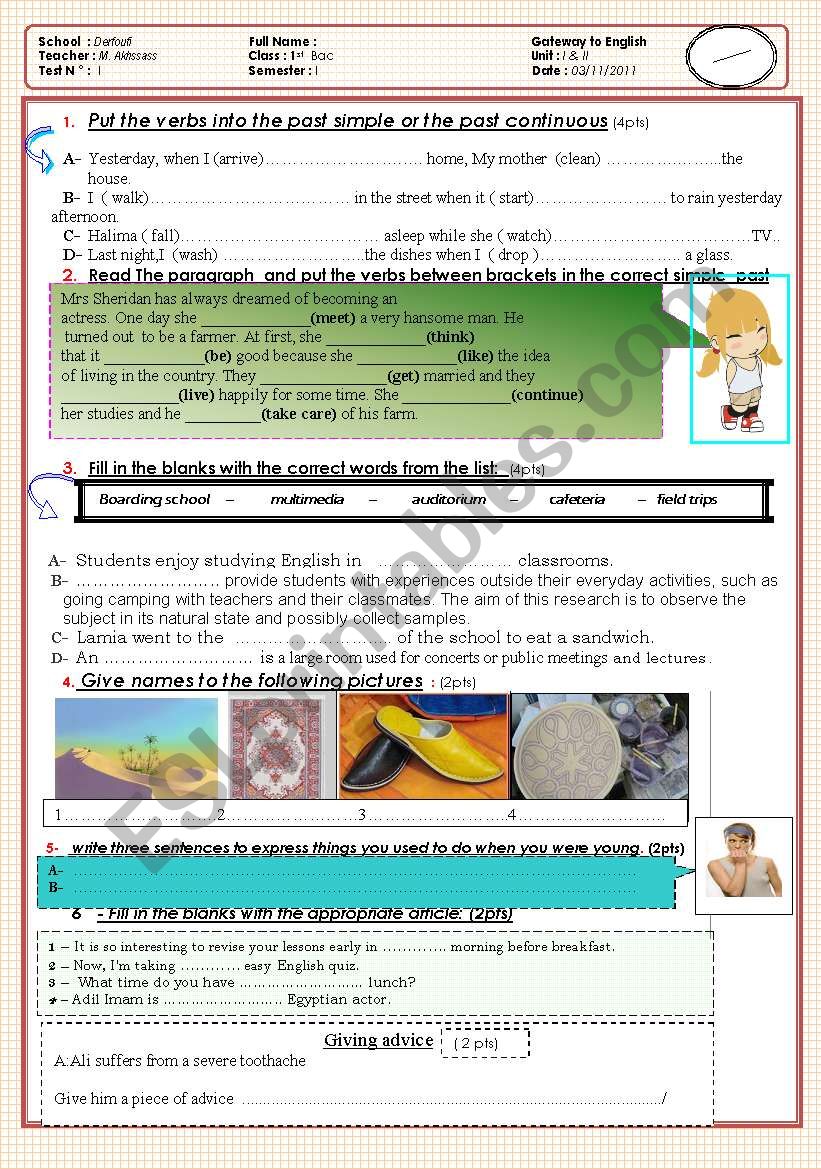 1 year bac test ( Test 1 simple past, past continuous, articles, used to and vocabulary)