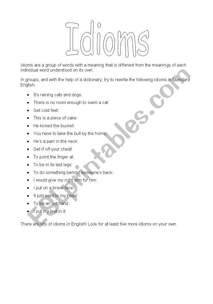 Idioms activity worksheet