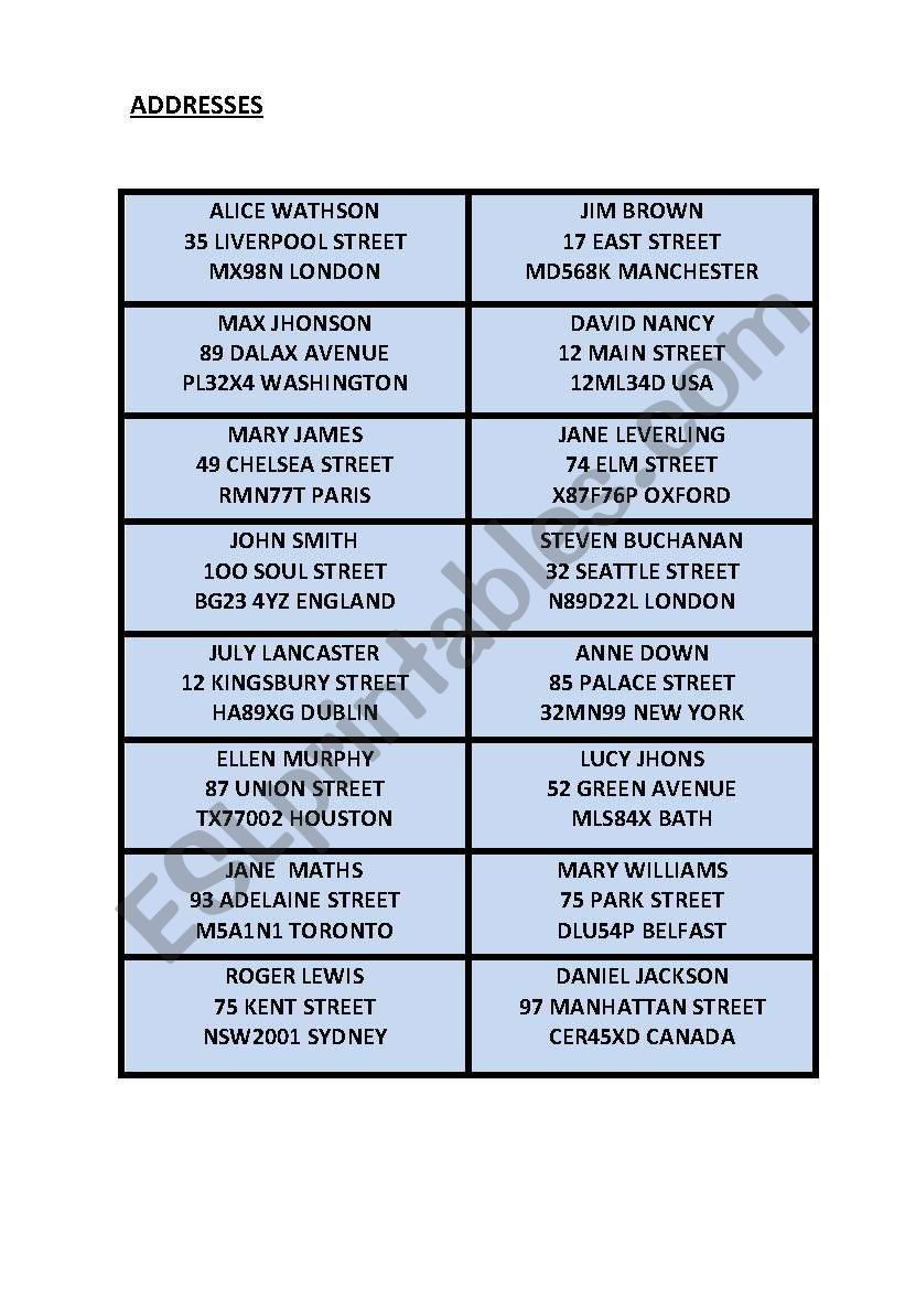ADDRESSES worksheet