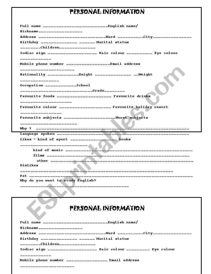  Personal Information worksheet