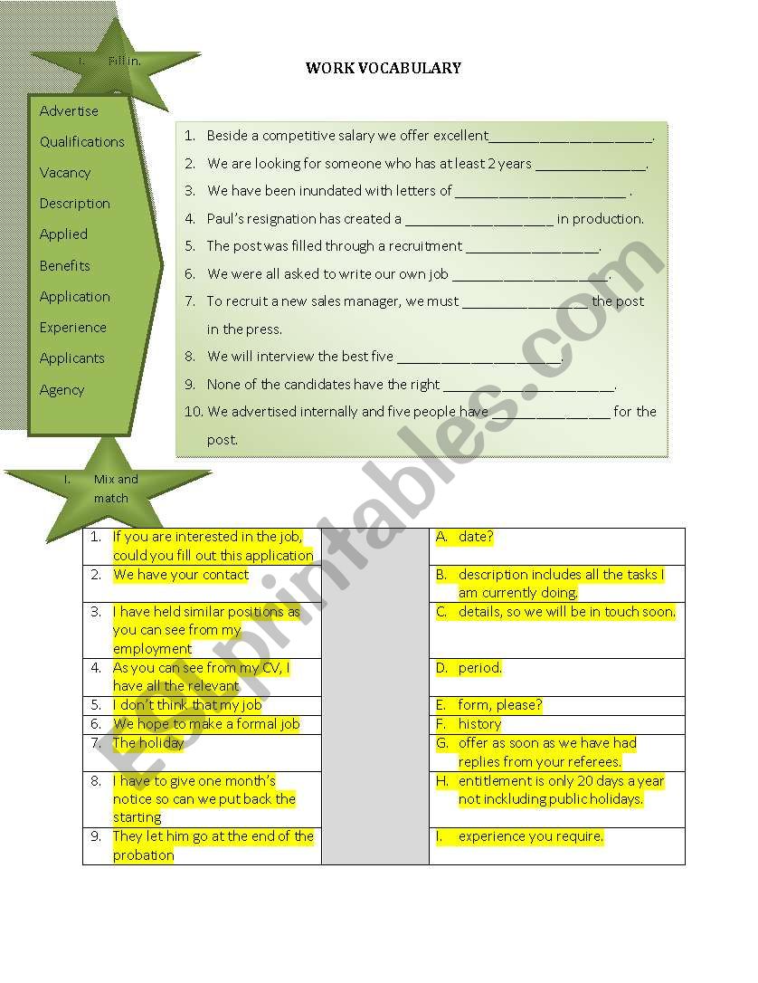 WORK - Vocabulary worksheet