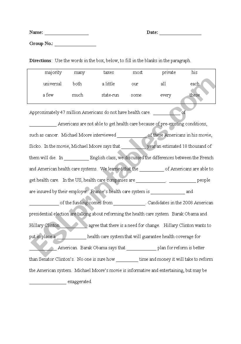 Sicko comprehension test worksheet