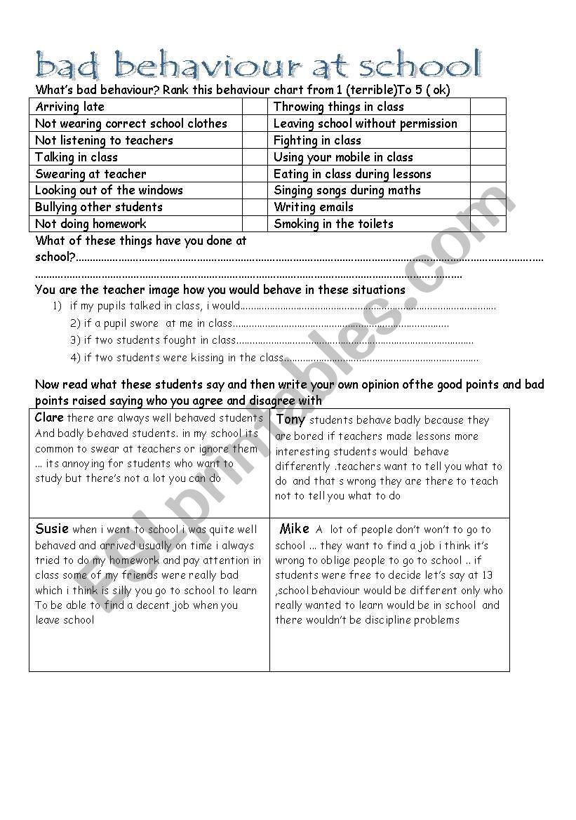 bad behaviour at school worksheet