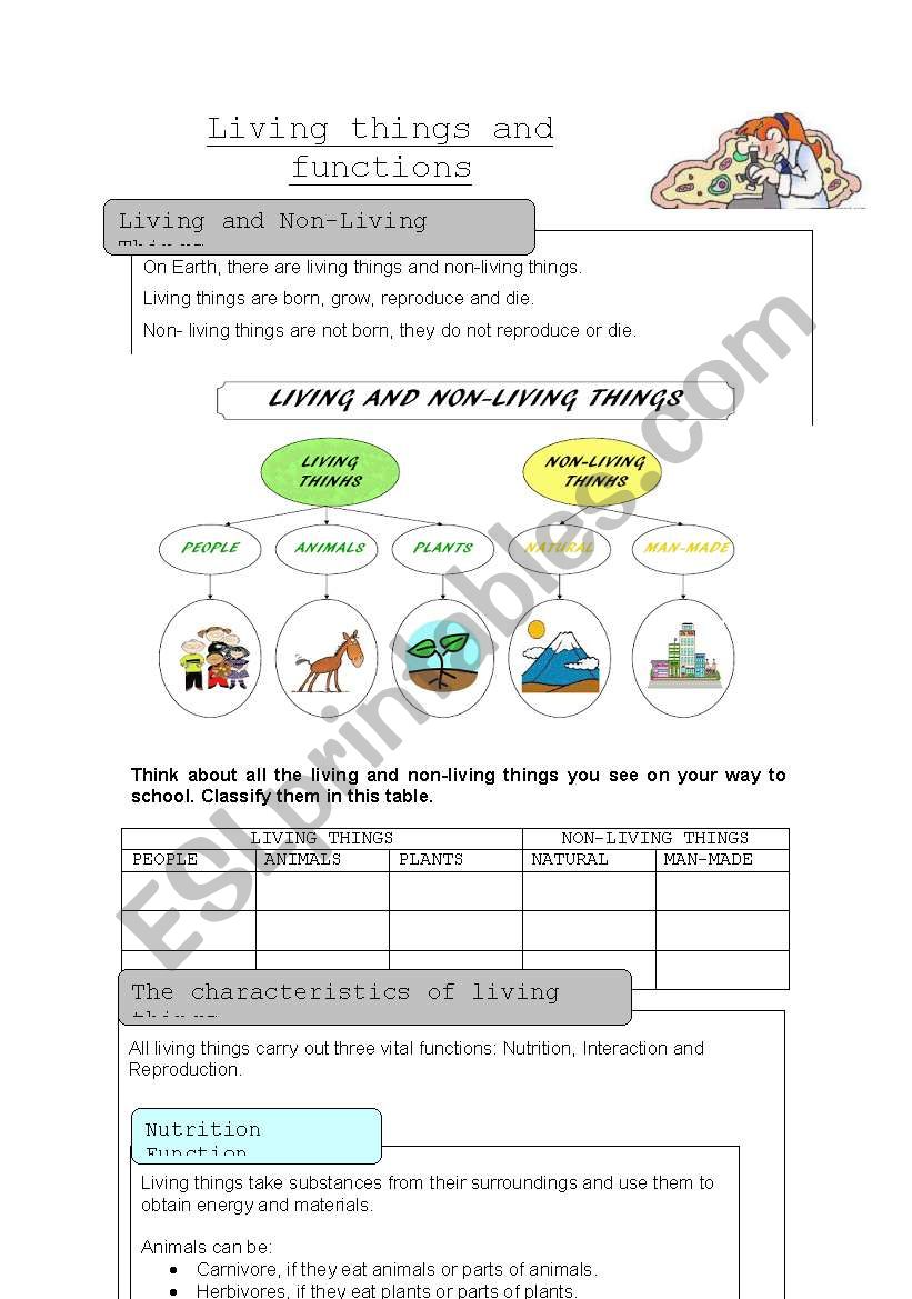 Living things and Functions. worksheet