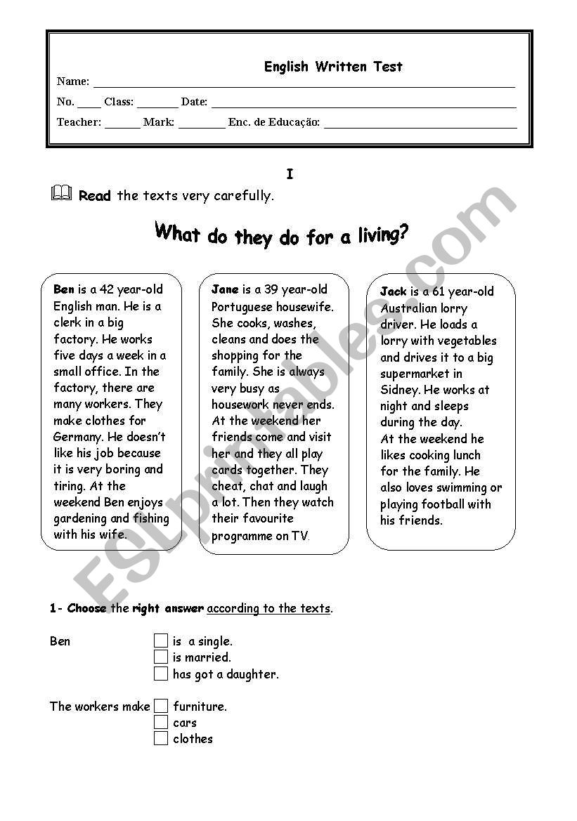 Test about Jobs worksheet