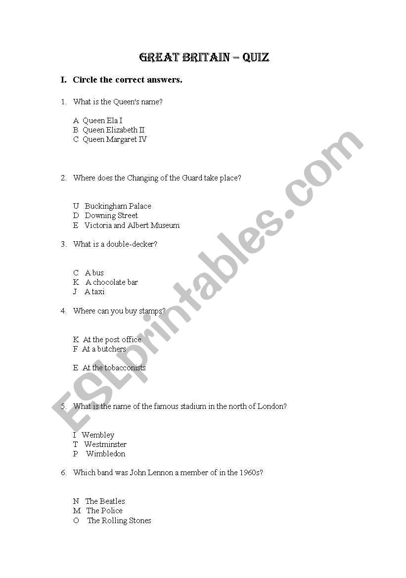 GREAT BRITAIN QUIZ worksheet