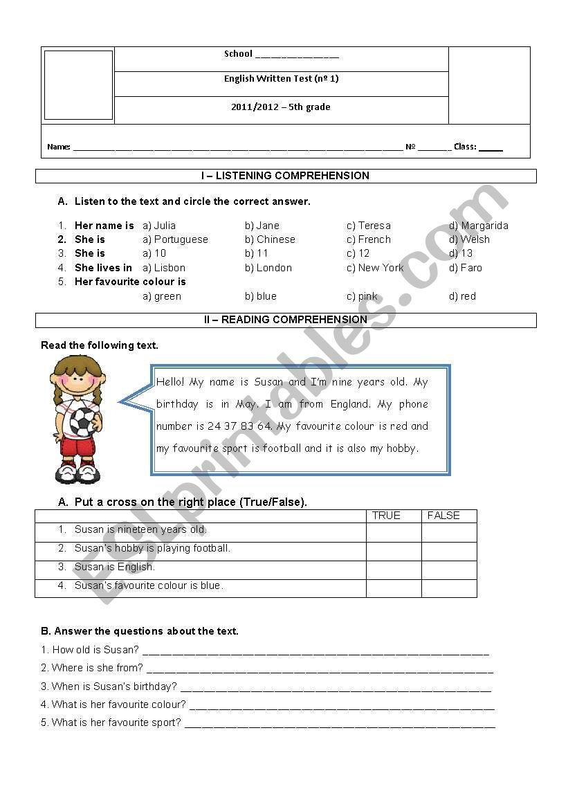 English test 5th grade - ESL worksheet by sonita75