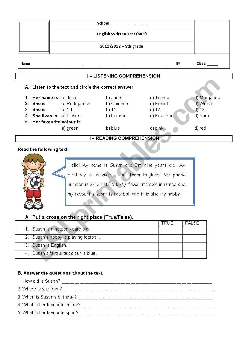 English test 5th grade worksheet