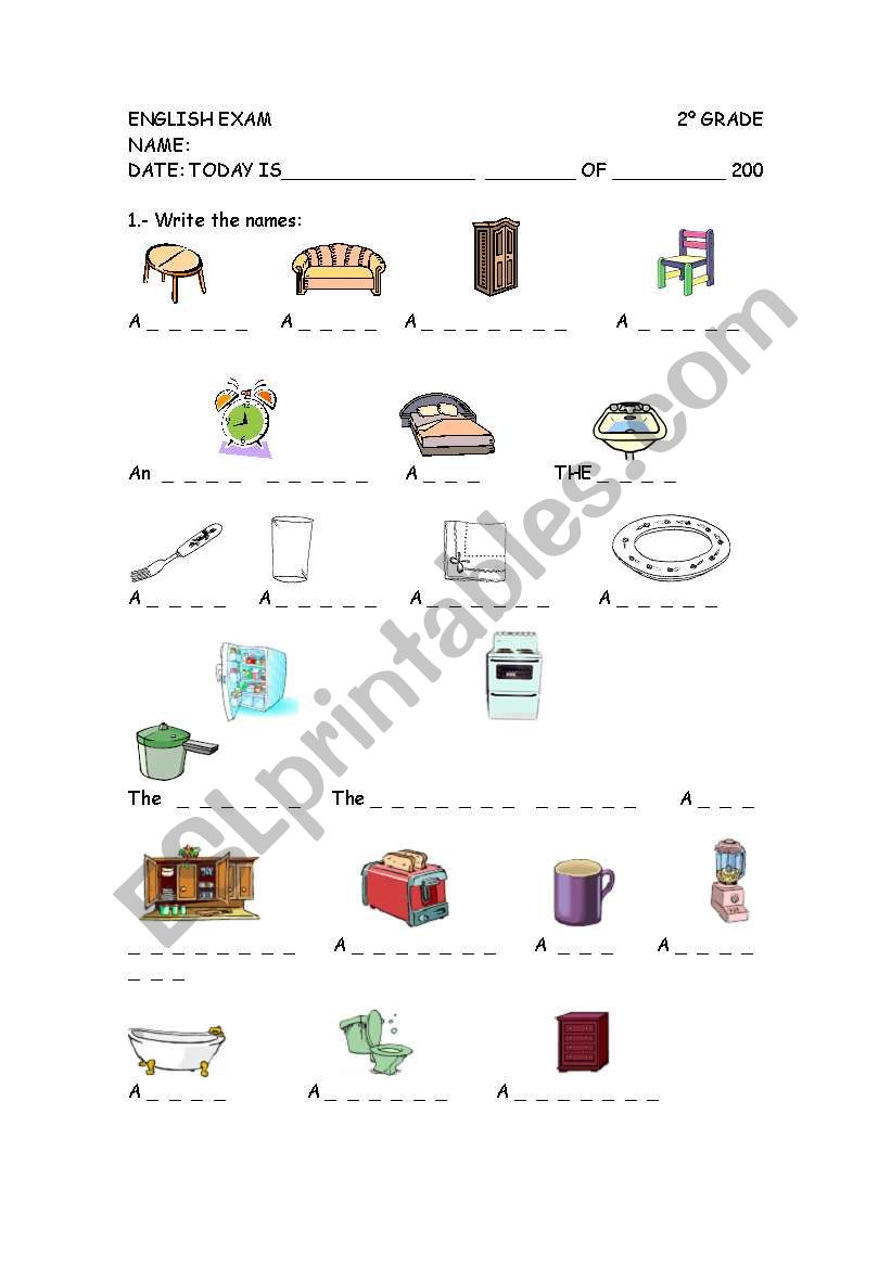 furniture exam worksheet