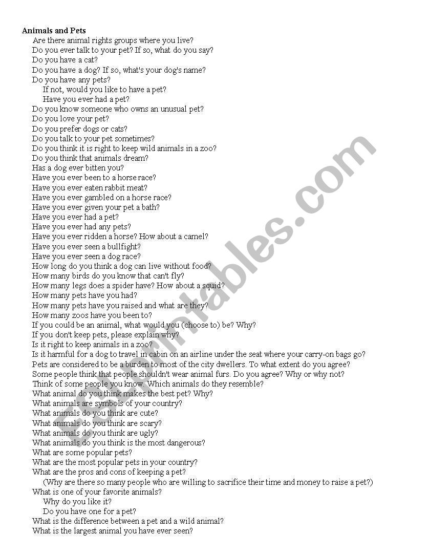 speaking questions A-Z worksheet