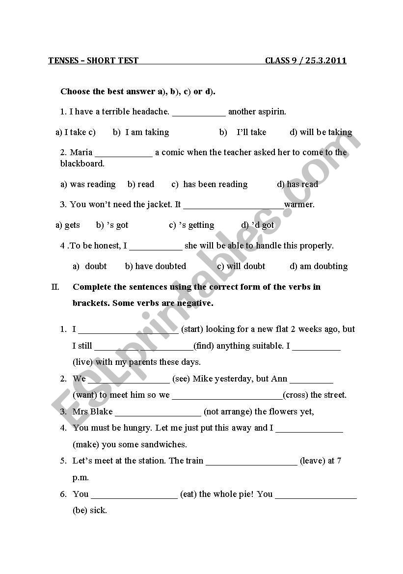 MIXED TENSES SHORT TEST worksheet