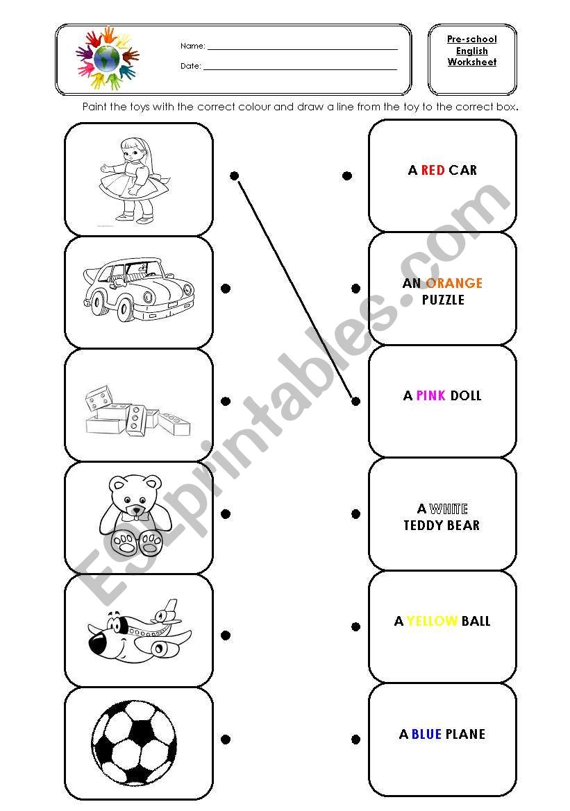 Toys and colours worksheet